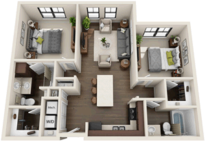 B1 - Two Bedroom / Two Bath - 989 Sq. Ft.*